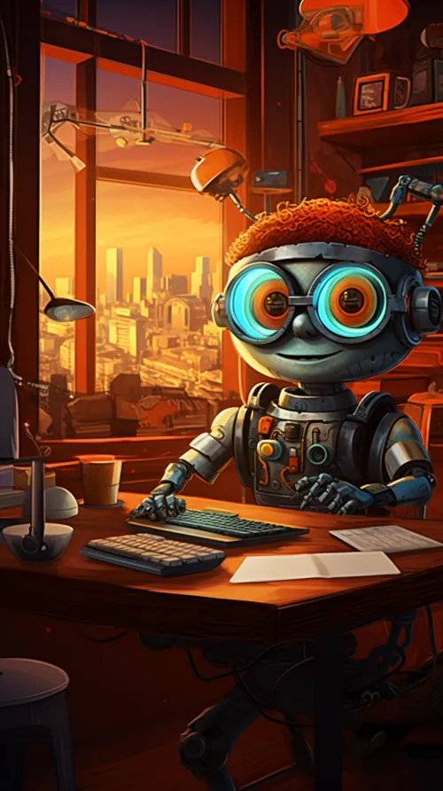 a cartoon of a robot sitting at a desk a cartoon of a robot sitting at a desk